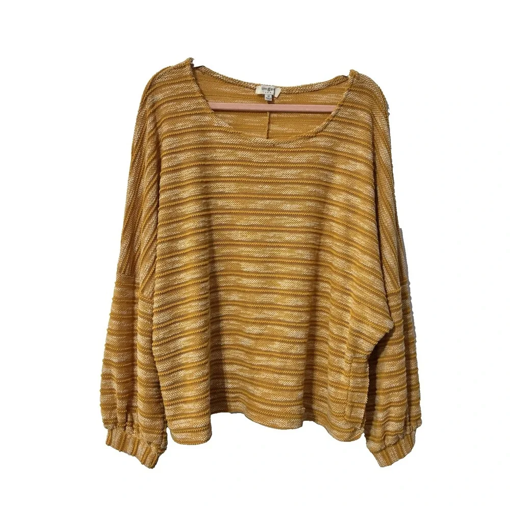 UMGEE Top Womens Medium Yellow Waffe Knit Long Sleeves Pullover Crew Neck Boho